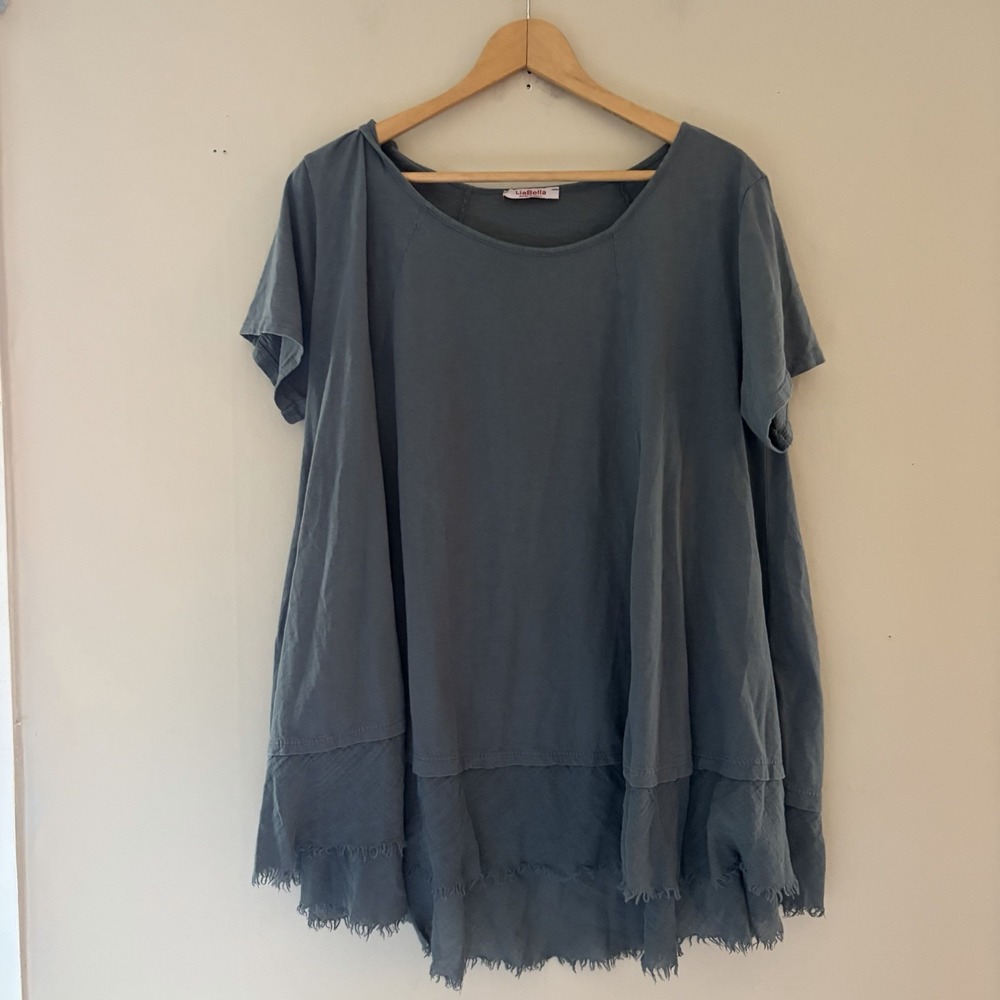 LiaBella Womens Lagenlook Cotton Top OS Gray Raw Witchy Asymmetrical Italy M/L